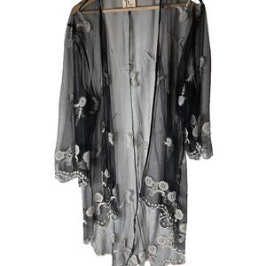 Haute Project Women's Size XL Sheer Black Kimono Robe Cover Up Floral Stitching
